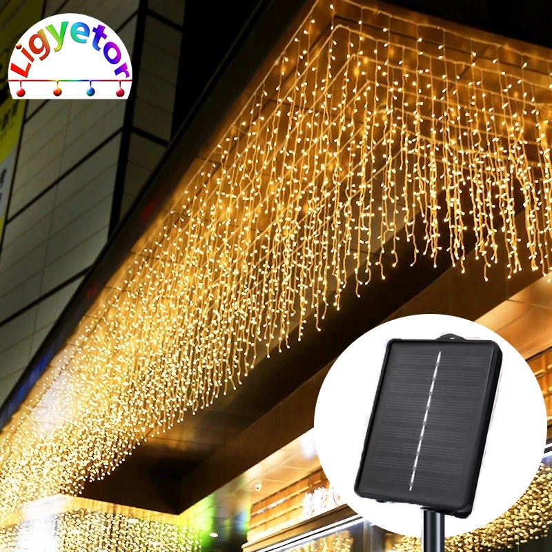 Ligyetor 96/200 LED Solar Fairy Lights Outdoor Waterproof Christmas String Light Curtain Lights