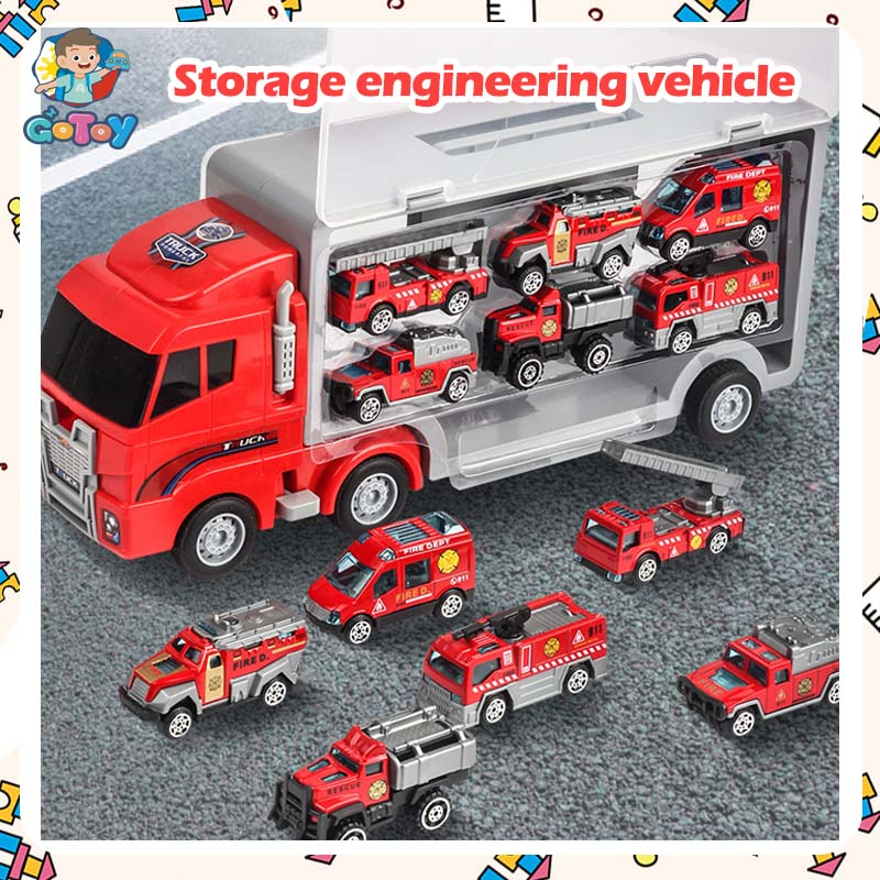 【⭐Local Shop⭐7 Pcs Assembly】Truck Car Toy Portable Storage Box Alloy Car Model Set Boy Toys Simulation Police Fire Engineering