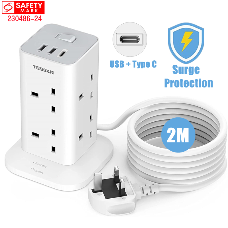 [Local Stock]TESSAN Multi Plug Tower Extension Socket with 3 USB(Type C), Surge Protector Extension Cord with Switch, Plug Socket Power Strip with 2M Cable