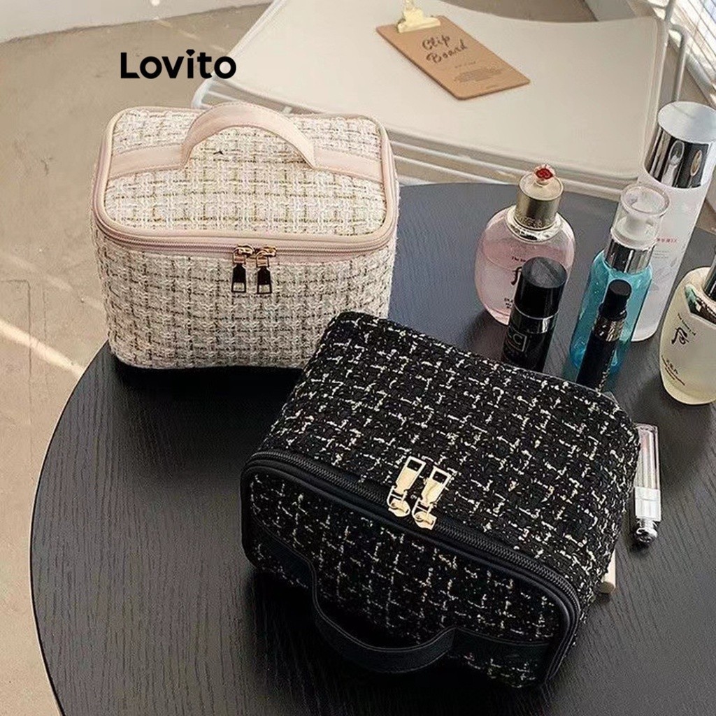 Lovito Beauty Tweed High Capacity Hepburn Style Makeup Bags for Women LBT01065 Lovito Tas Rias Gaya Hepburn Kapasitas Tinggi Kecantikan Tweed untuk Wanita LBT01065