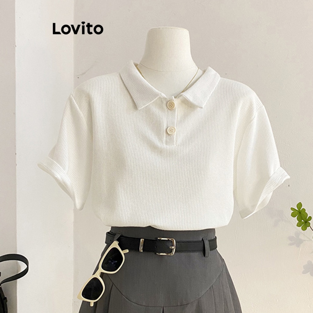 Lovito Casual Plain -Waffle Knit -Polo T-Shirt for Women L68ED039 (White/Green/Black) Lovito Kaos Polo - Rajut Waffle - Polos Kasual untuk Wanita