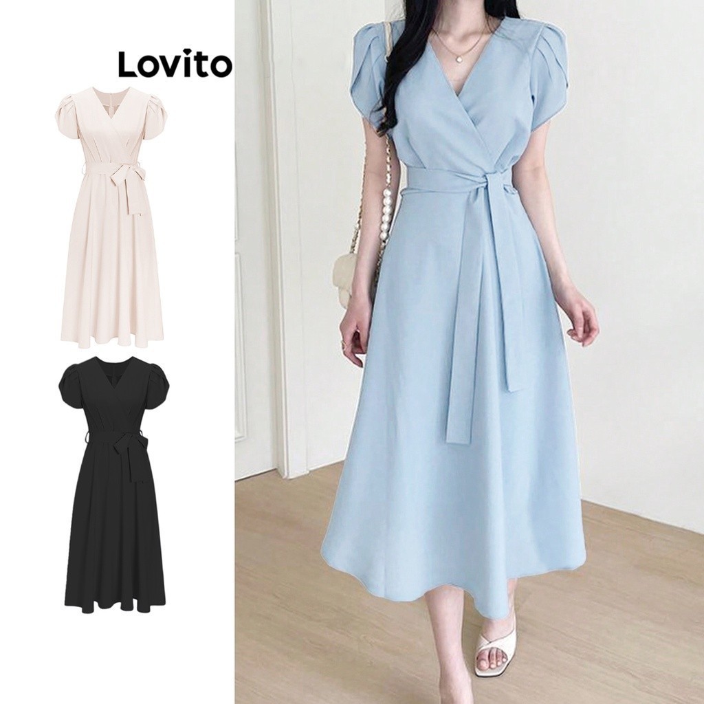 Lovito Casual Plain Belted A Line Dress for Women L65ED138 (Apricot/Blue) Lovito Gaun A Line Bersabuk Polos Kasual untuk Wanita