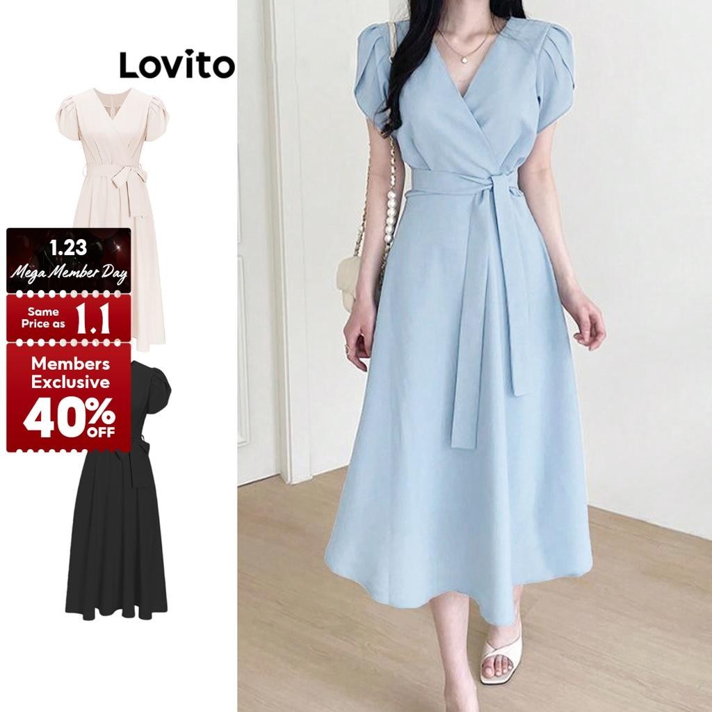 Lovito Casual Plain Belted A Line Dress for Women L65ED138 (Apricot/Blue) Lovito Gaun A Line Bersabuk Polos Kasual untuk Wanita