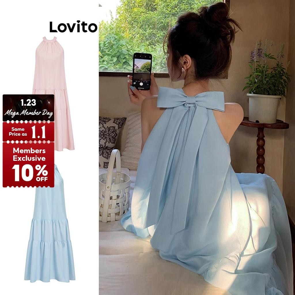 Lovito Casual Plain Bow Back Dress for Women L61AD081 (Blue) Lovito Gaun Pita Punggung Polos Kasual untuk Wanita