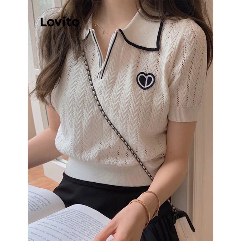 Lovito Casual Plain Contrast Binding Knit Top for Women LNE21175 (White/Black) Lovito Atasan Rajut Ikat Kontras Polos Kasual untuk Wanita