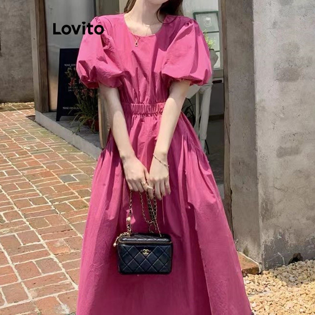 Lovito Casual Plain Draped Puff Sleeve Dress for Women LNA16024 (Hot Pink) Lovito Gaun Lengan Gembung Lengan Polos Kasual untuk Wanita