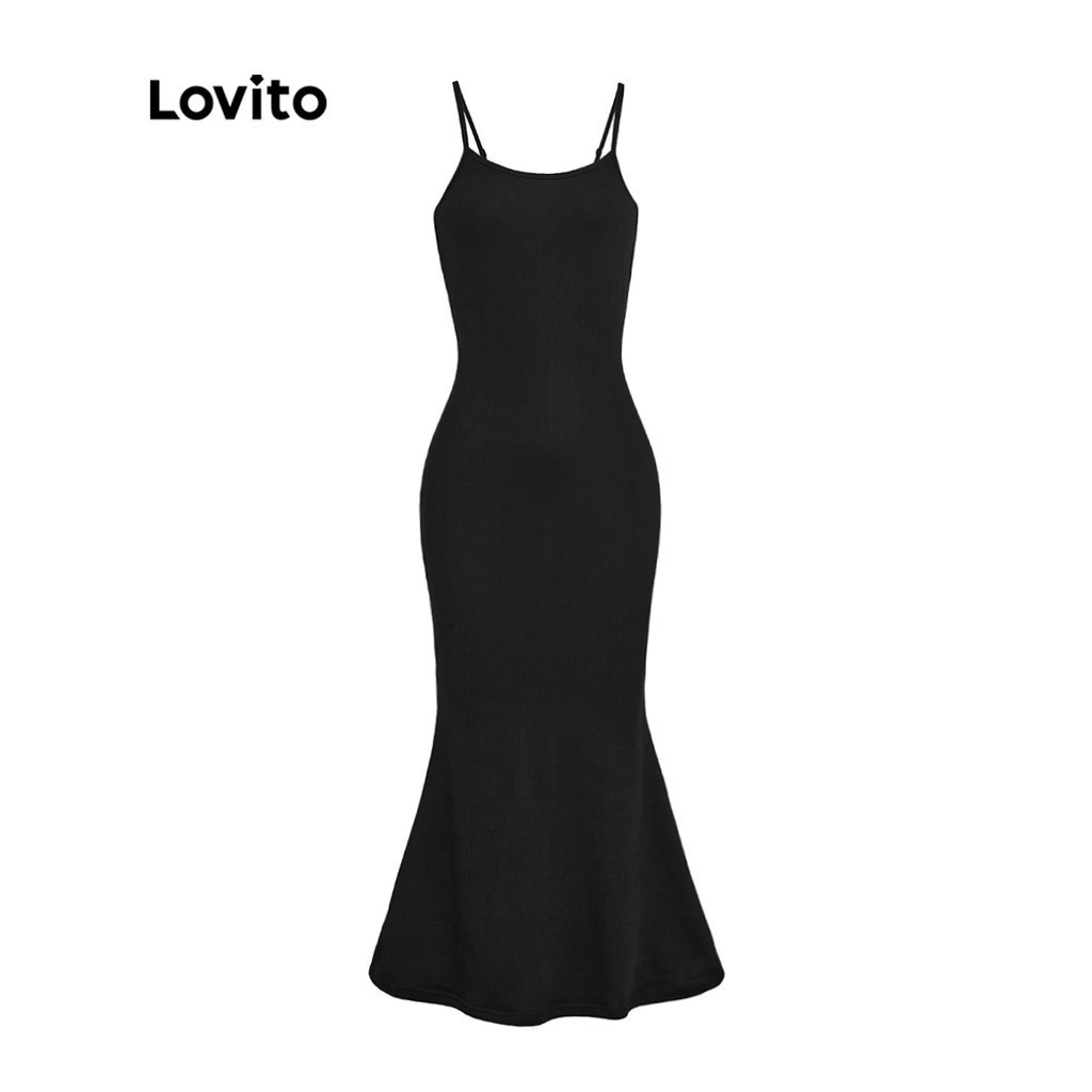 Lovito Casual Plain Fishtail Adjustable Buckle Slim Fit Women Dress L36AD011 (Black)