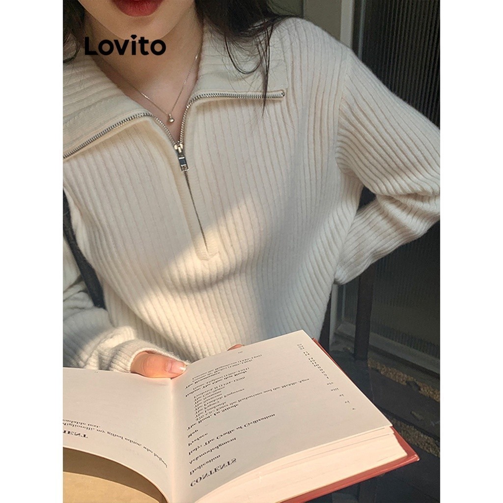 Lovito Casual Plain Zipper Basic Sweater for Women LNE30026 (Coffee/Off White/Black) Lovito Sweter Basic Ritsleting Polos Kasual untuk Wanita