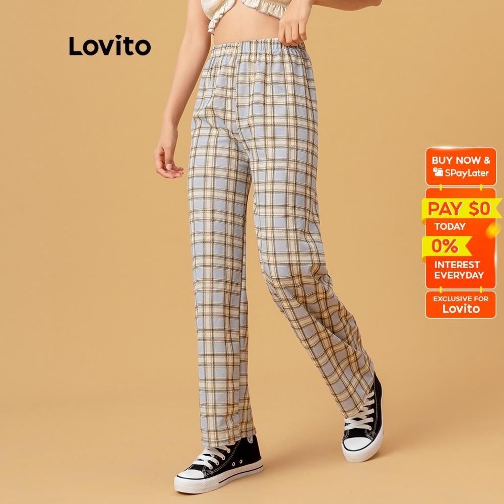 Lovito Casual Straight Leg Plaid Elastic Waist Pants L00270 (Light Green/Green/Yellow/Blue/Coffee)