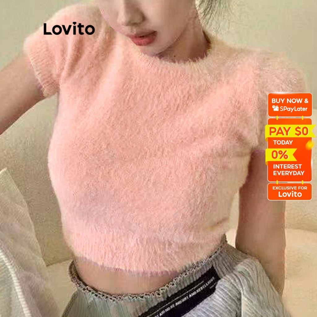 Lovito Cute Plain Basic Short Sleeve Women Knit Top L45AD020(White/Pink/Purple/Red/Black) Lovito Manis Polos Basic Atasan Rajut Wanita Lengan Pendek L45AD020 (Putih/Berwarna Merah Muda/Ungu/Merah/Hitam)