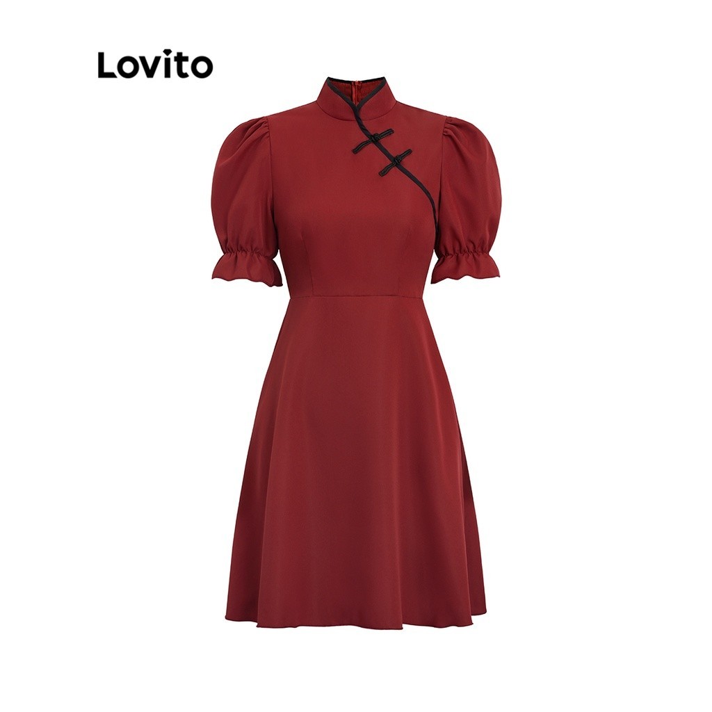 Lovito Elegant Plain Lettuce Trim Zipper Women Dress L41AD026 (Red) Lovito Anggun Polos Lettuce Trim Zipper Gaun Wanita L41AD026 (Merah)