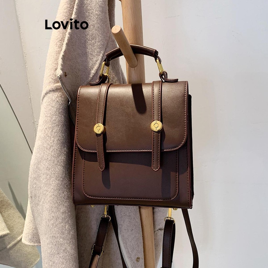 Lovito Preppy Plain Metal England Retro Stylish Simplicity Backpack for Women LFA08619 (Brown/Sepia/White) Lovito Ransel Kesederhanaan Bergaya Retro Inggris Logam Polos Preppy untuk Wanita