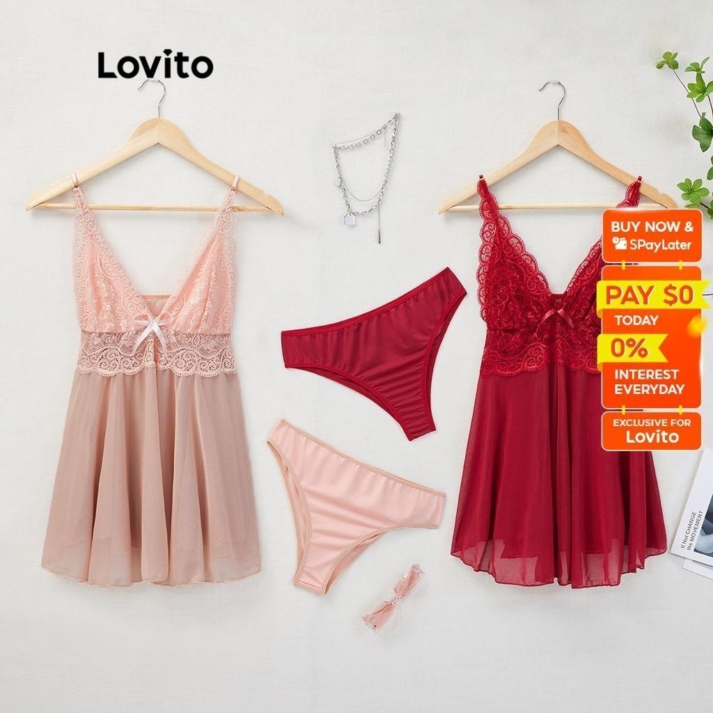 Lovito Sexy Lace High Waist Deep V Neck Nighties Sleepwear Lingerie Set L17X059 (Pink/Red)