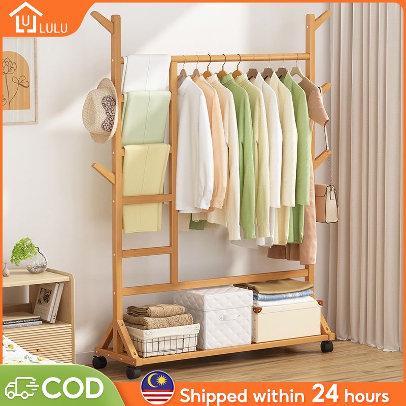 LULU Bamboo Wooden Clothes Rack With Wheels Multifunction Hat Coat Rack Stand Garment Organize clothes rack Rak Baju