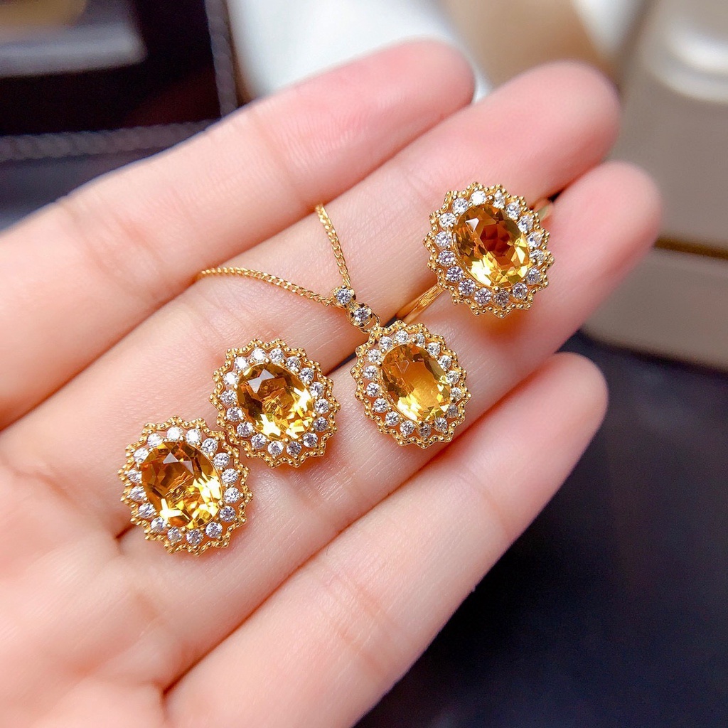 Luxurious 3-piece online celebrity live yellow crystal jewelry set with diamond ring refers to pendant earrings necklace.