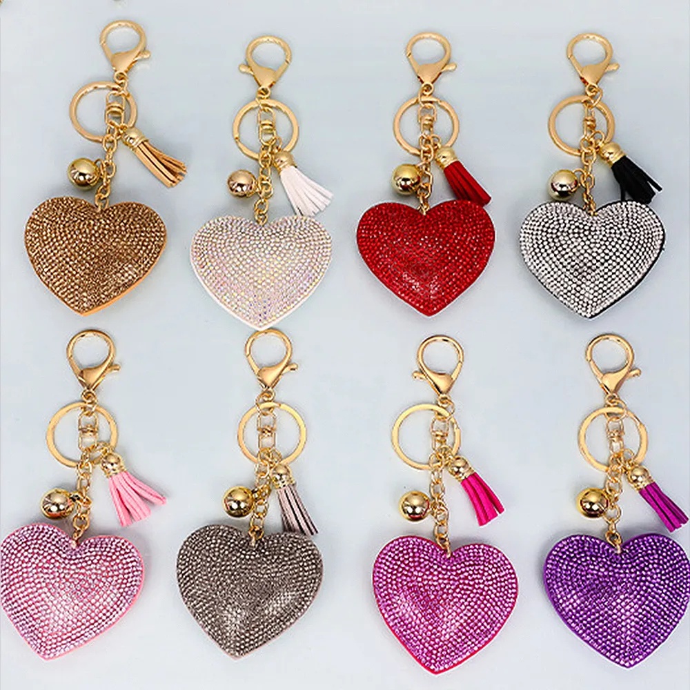 Luxury Bling Rhinestone Heart Shape Keychains Women Girls Leather Keyring With Tassel For Purse Charms Backpack Accessories
