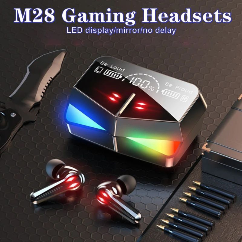 M28 Gaming Headsets TWS Bluetooth Earbuds Wireless Earphone HD Mirror With LED Digital 2200mAh