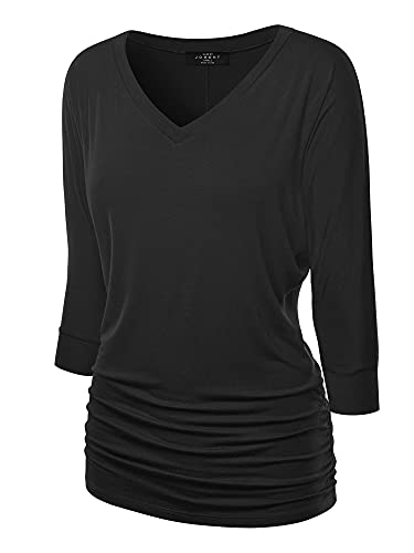 Made By Johnny MBJ WT1036 Womens V Neck 3/4 Sleeve Dolman Top with Side Shirring L Black