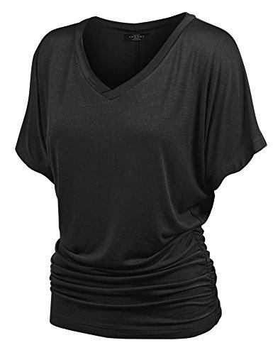 Made By Johnny MBJ WT1037 V Neck Short Sleeve Dolman Top with Side Shirring L Black