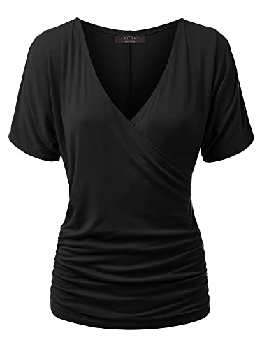 Made By Johnny MBJ WT1118 Womens V Neck Short Sleeve Wrap Front Drape Dolman Top L Black