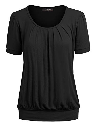 Made By Johnny MBJ WT1175 Women's Scoop Neck Short Sleeve Pleated Front Blouse Tunic Top XXL BLACK