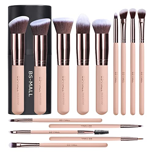 Makeup Brushes BS-MALL Premium Synthetic Foundation Powder Concealers Eye Shadows Makeup 14 Pcs Brush Set, Rose Golden, with Case (B-Pink)