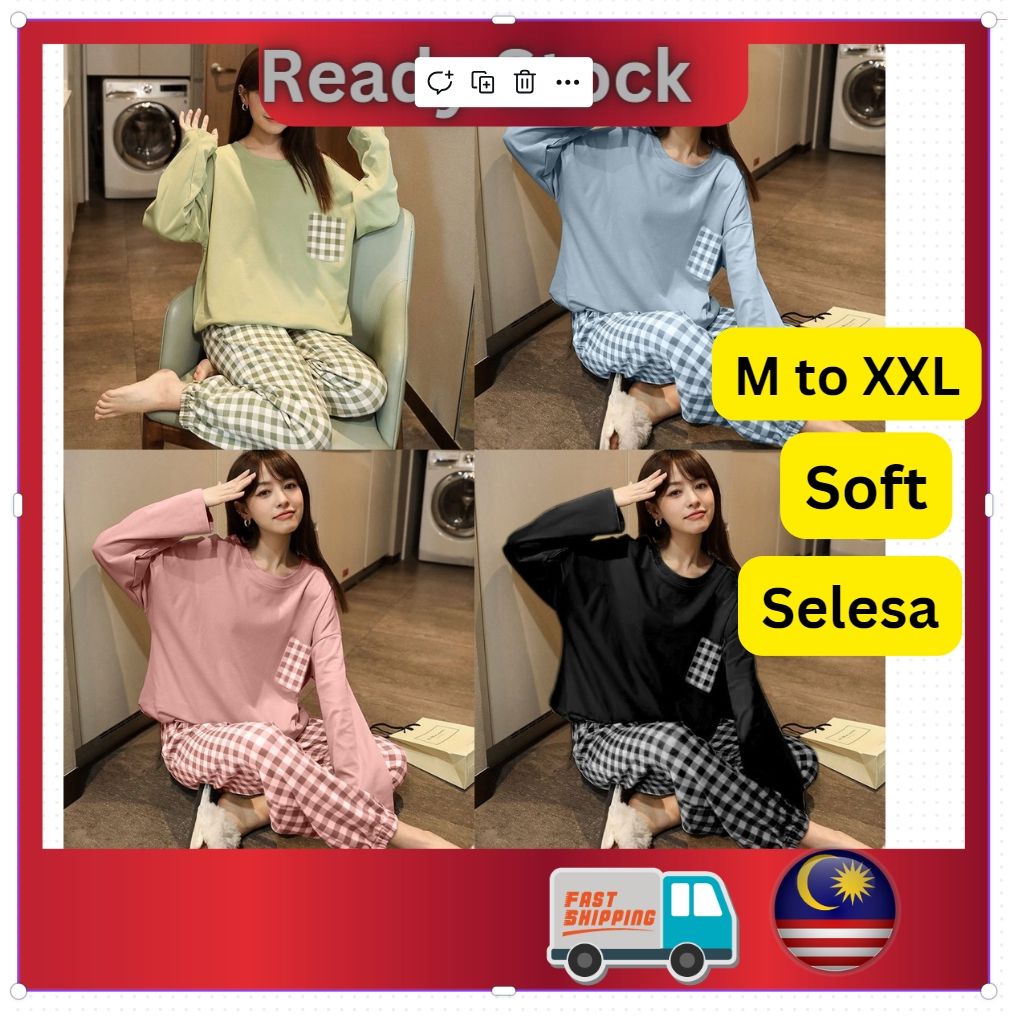 Malaysia Ready Stock - Basic Checkers Baggy Poly Cotton Sleepwear Long Pants Long Sleeve Set #6061