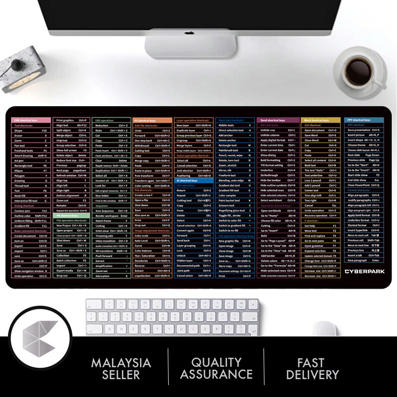 Malaysia Ready Stock 800X300X3mm 210x260x3mm Gaming Mouse Pad Keyboard CDR, PR, PS, AI, Excel, Word and PPT Shortcuts