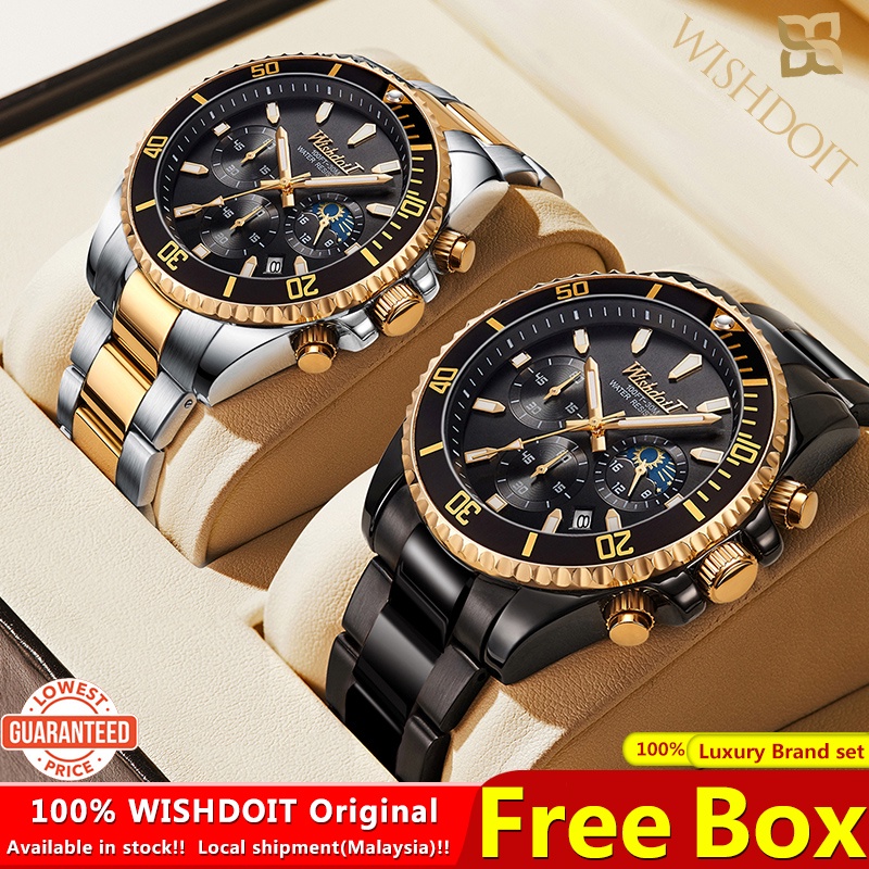 [Malaysia Stock] WISHDOIT Jam Tangan Lelaki Original Waterproof Stainless Steel Sports Men's Watch Multifunctional Quartz Analog Sun/Moon/Star Calendar Luminous Watch for Men Fashion Business Wristwatch Luxury Brand Authentic