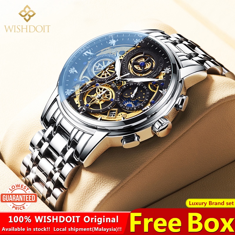 [Malaysia Stock] WISHDOIT Jam Tangan Lelaki Original Waterproof Stainless Steel Metal Men's Watch Multifunctional Quartz Analog Sun/Moon/Star Calendar Luminous Watch for Men Fashion Business Wristwatch Luxury Brand Authentic[Free gift box]