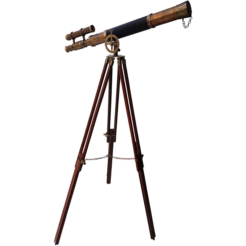 Maritime Brass Antique Double Barrel Designer Telescope with Wooden Tripod Floor Standing Telescopic Tripods