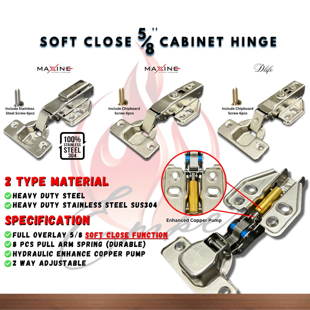 MAXINE Heavy Duty / Stainless Steel 304 5/8" Full Overlay Soft Close Hydraulic Hinge Kitchen Cabinet Concealed Door