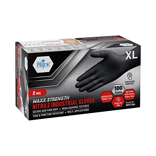 MED PRIDE Maxx Strength Nitrile Industrial Gloves, 8 Mil Thick [100 Gloves/Large] - Diamond Texture Disposable Safety- Heavy-Duty, Tear-Resistant Mechanic Automotive Food Handling Gloves- Black