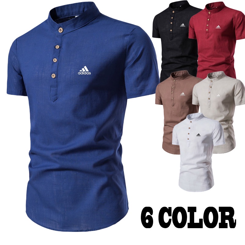 Men's Fashion Linen Short Sleeve Shirt Baju Melayu Cekak Musang Slim Fit Muslimah Lelaki Baju Berkolar Solid Color Casual Shirts