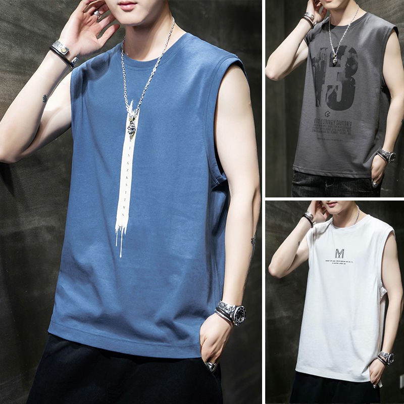 Men's fitness sleeveless round neck men's vest vest youth sports undershirt loose jersey short sleeves T35