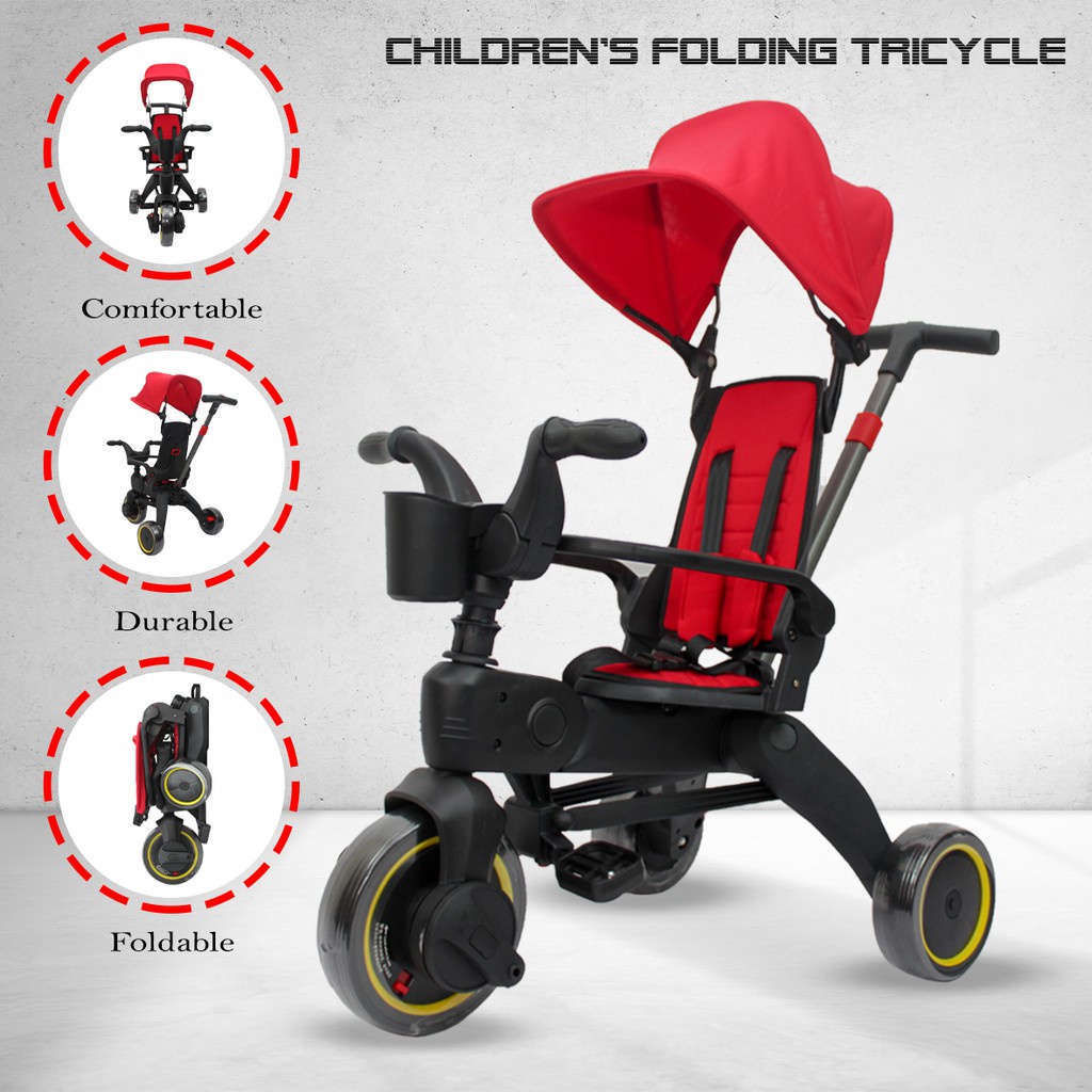 meta shop{VP7} [2021 New-Launch] Children Multi Tricycle 3 Wheels Parent Push Stroller With Canopy and Safety Belt