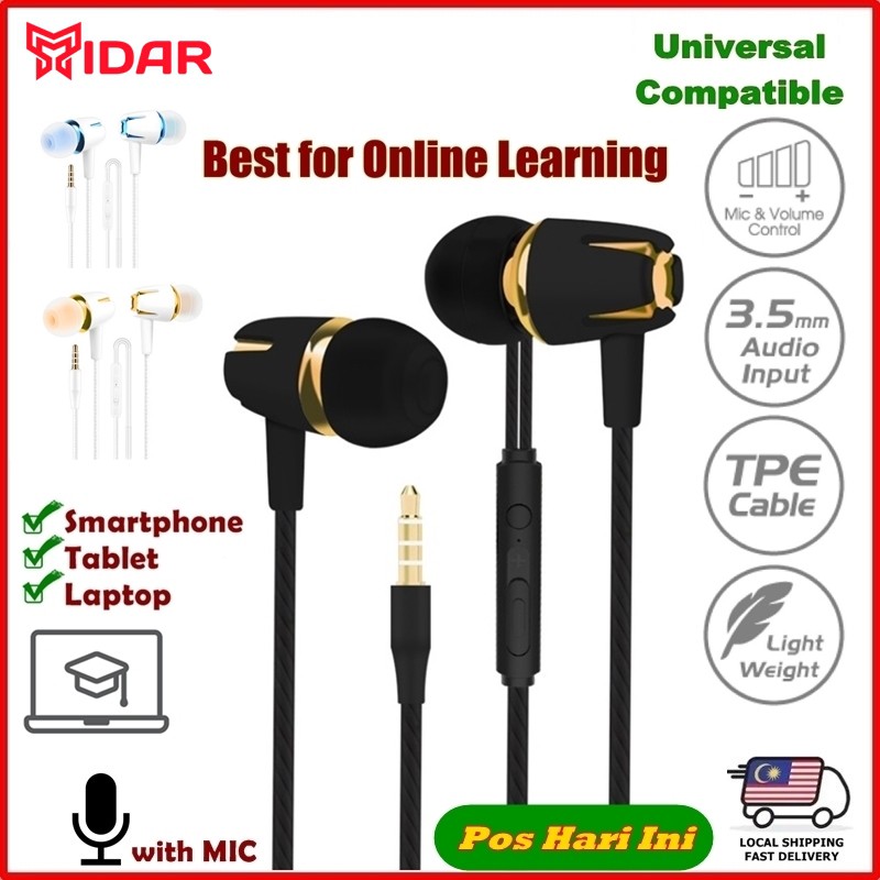 MIDAR Stereo In-ear Earphone with Microphone E-Learning Online Earphones Volume Control Universal Compatible