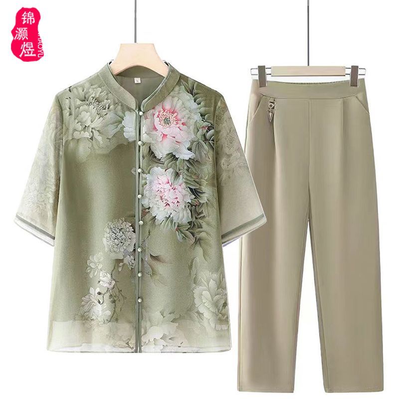 Middle-aged elderly mothers' Wear Two-piece Suit middle-sleeved chiffon shirt elderly Shirts Printed middle-aged Women's Cardigan Thin Two piece set for middle-aged and elderly mothers, medium Straw Chiff