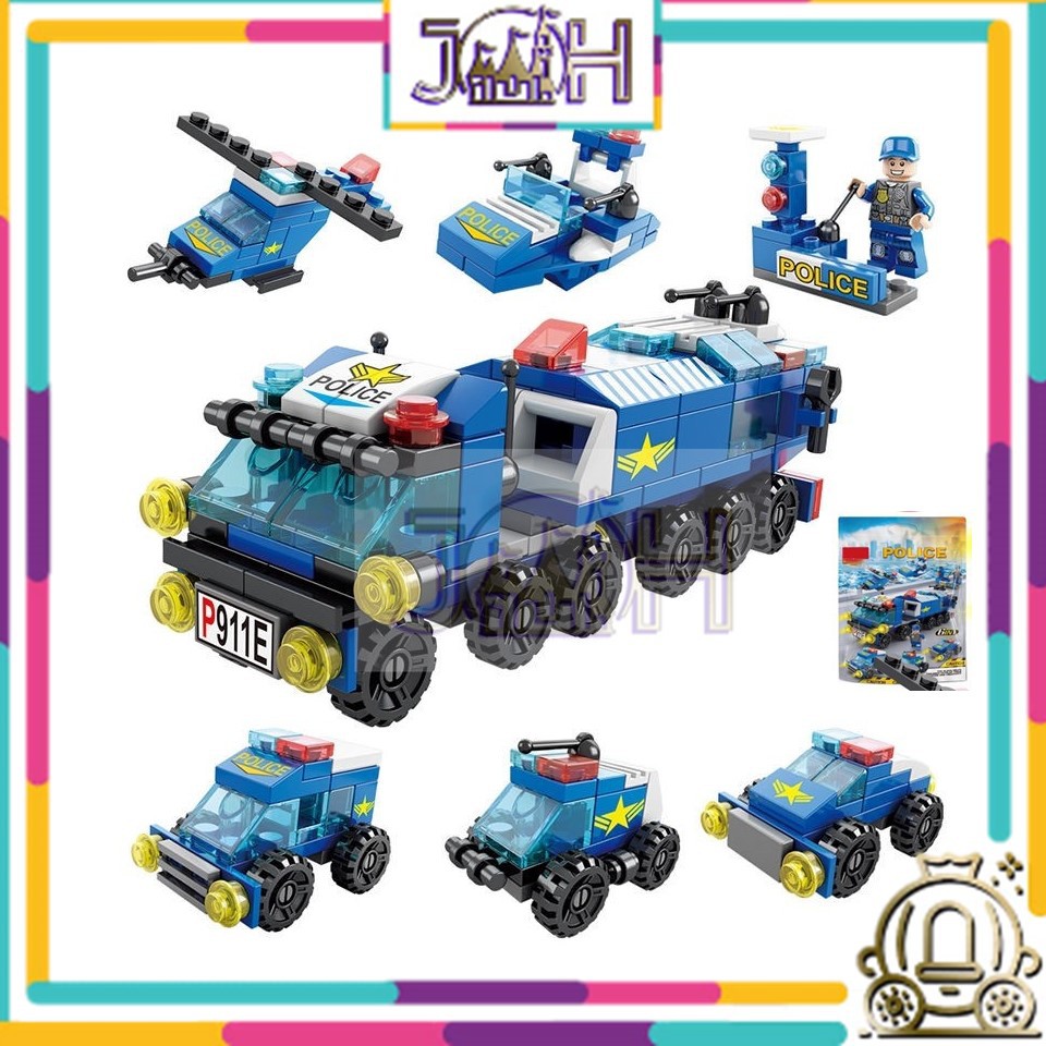 Mini 6 In 1 Building Blocks DIY Police Car Fire Truck Castle Model Compatible Legoo Bricks Kids Educational Toys Gifts