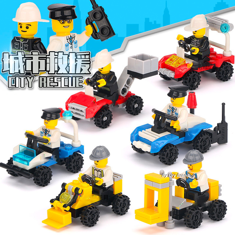 Mini City Car Vehicle Police Cars Forklift Fire Truck Firefighter Figures Firemen Street Block Toy Education for Kids Birthday Gift