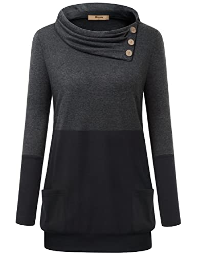 Miusey Tunic Sweatshirts for Women to wear with Leggings, Womens Pullover Sweatshirts Cowl Neck Tops Long Sleeve Tunics Color Block Sweater Black & Grey XX-Large