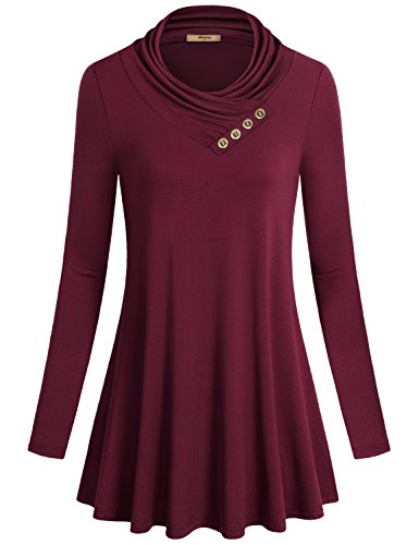 Miusey Womens Tunic Shirts,Long Sleeve Cowl Neck Flared Vintage A Line Loose Fit Shirt Casual Top Wine Red X-Large