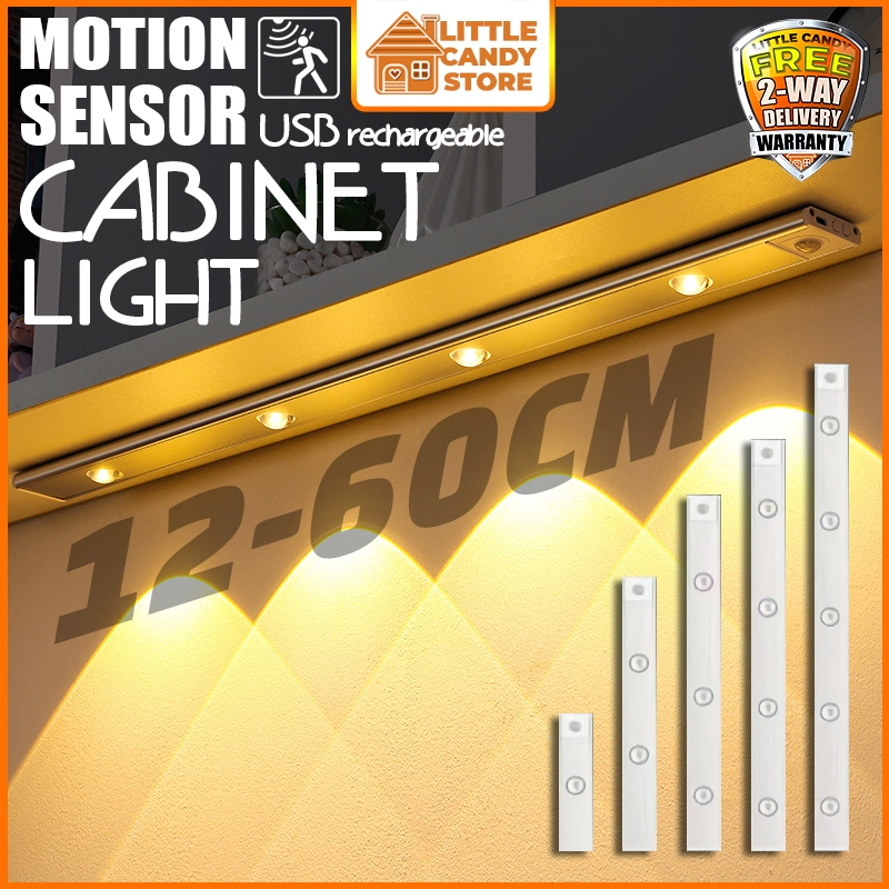 Motion Sensor Cabinet Light LED Strip 12 to 60cm Dimmable 3 Color USB Rechargeable Lighting Lamp for Home Office Kitchen