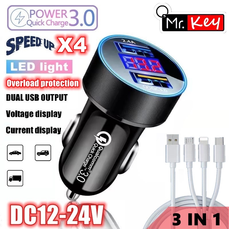 【Mr.Key】 Car Charger For Cigarette Lighter Smart Phone USB Adapter Mobile Phone Charger Dual USB Digital Display Voltmeter Fast Charging