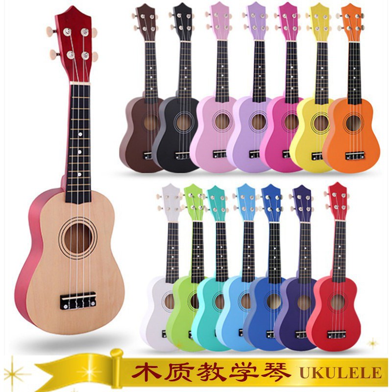 [M'sia] Ready Stock WOOD 21 inch Soprano Ukulele 4 Strings Hawaiian Guitar Uke + String + Pick For Beginners kid Gift