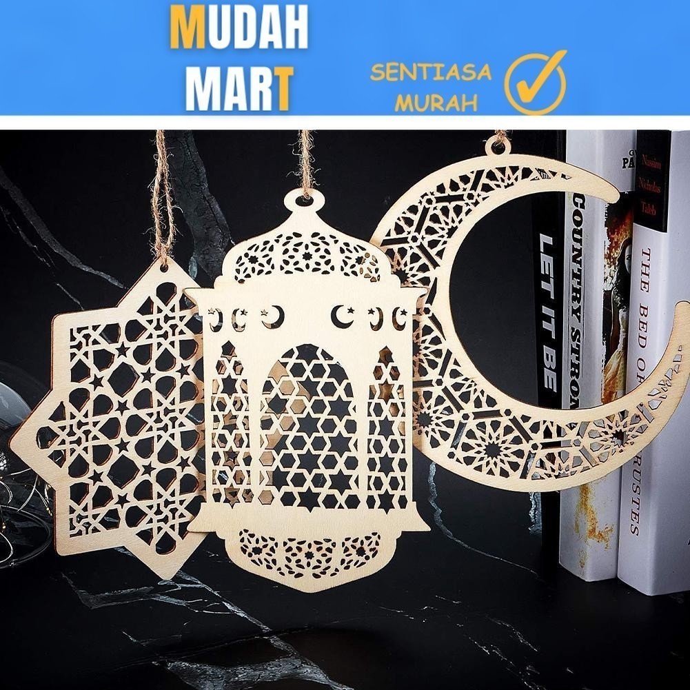 mudahmart246 3Pcs Islam Eid Ramadan Mubarak Hollow Wooden Moon Hanging ornament Decorations Hanging Lantern Pendant