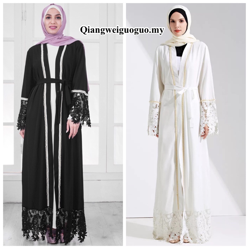 Muslim abaya kaftan French material is soft jubah dress White Lace Pearl Stitching Fashion Solid robe Includes Belt