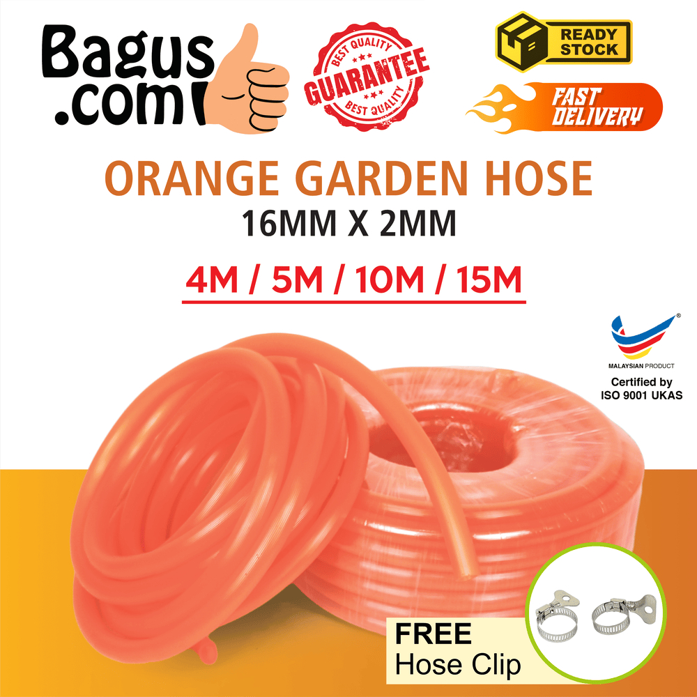 My Bagus Orange Garden Hose - 2mm Thickness with Free Hose Clip: Affordable, Lightweight and Multipurpose(4M/5M/10M/15M)