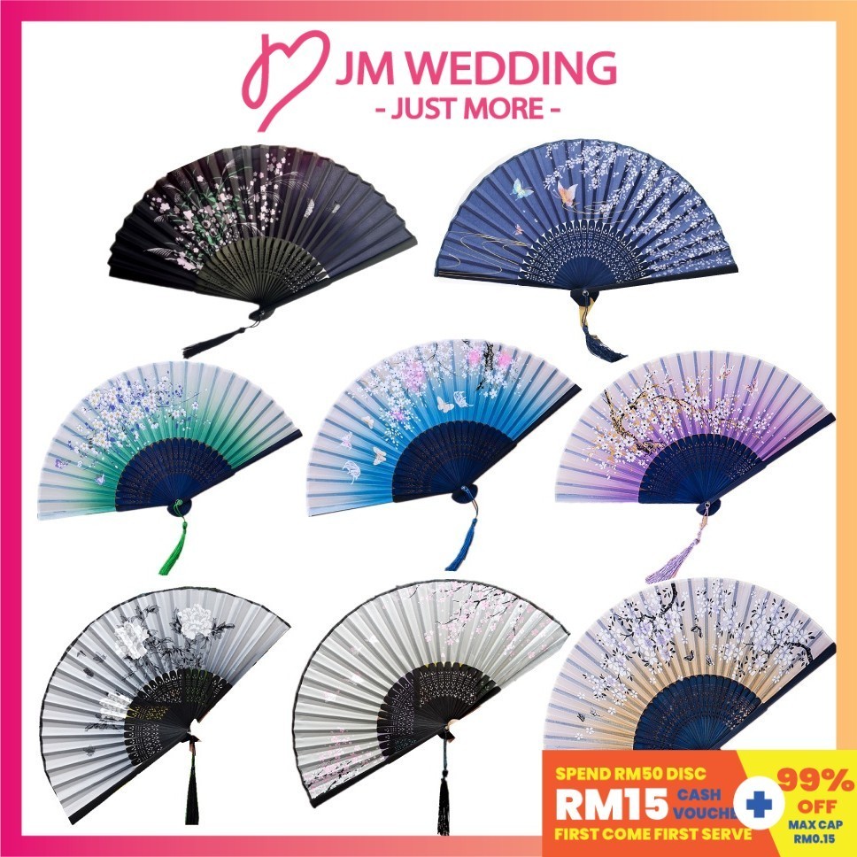 [MY]Elegant Floral Black Bamboo Hand Fan Kipas Tangan Lipat Buluh Corak-Garden Favor/VIP Event Gift/Paint Fans Doorgifts