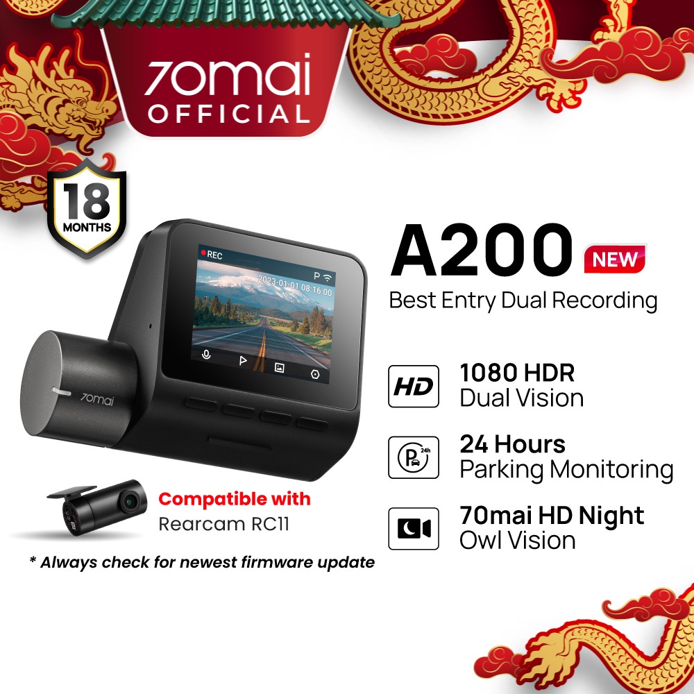 [New Launch] 70mai Dashcam A200 Dual Channel 1080P Full HD+ HDR | 24H Parking Surveillance